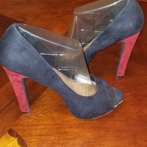 Red and Black peep toe pumps